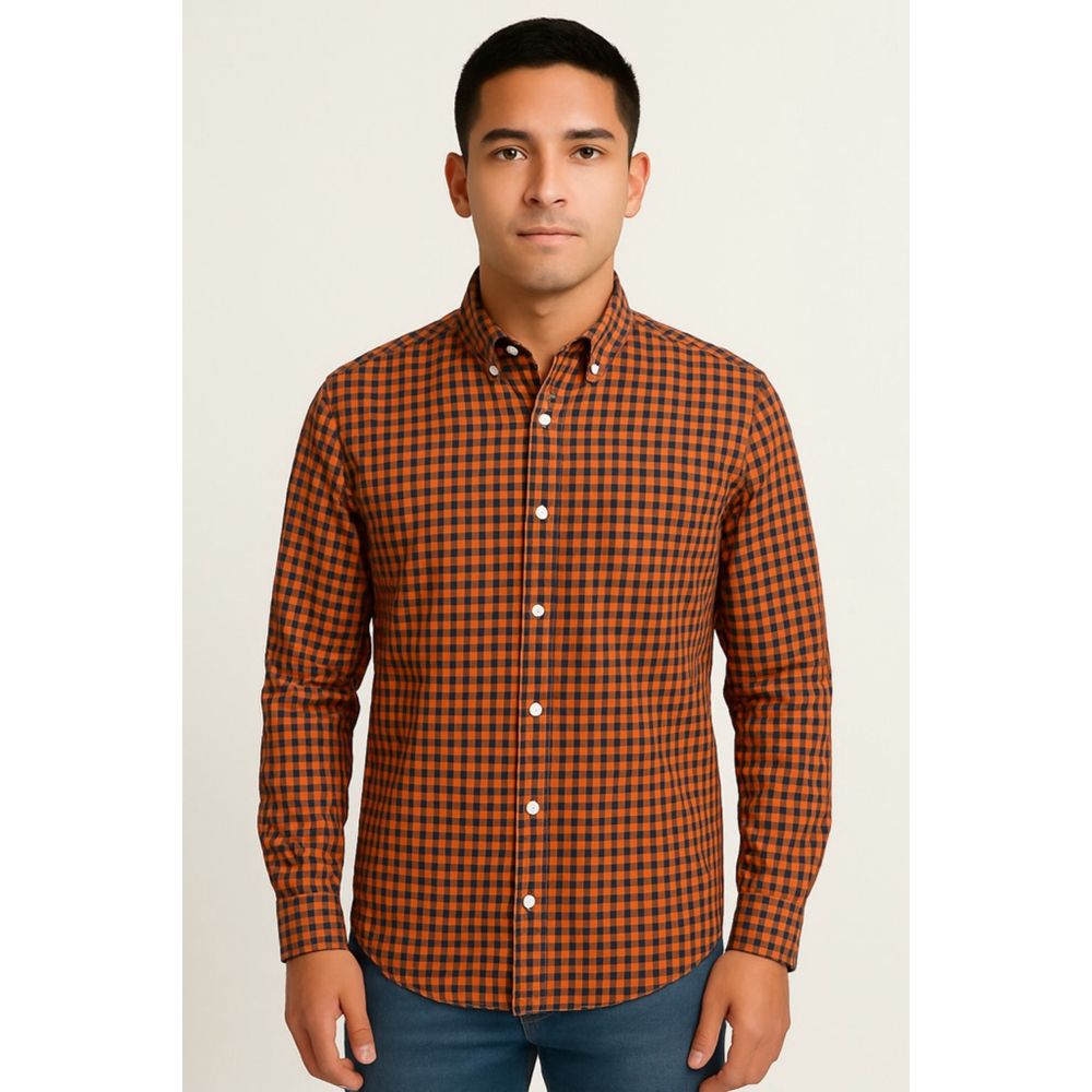 IZOD Premium Essentials XL Button-Down Shirt – Orange & Navy Gingham Check